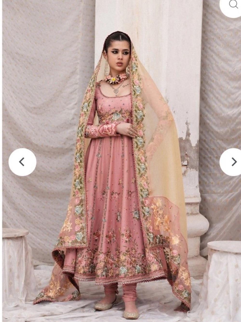 Blush Pink Embroidered Anarkali Dress with Floral Dupatta